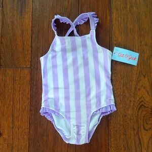 Lavender & White Striped One Piece Swimsuit